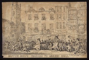 Meister Billys Prozession zur Grocers Hall; Politische Satire auf die Prozession von William Pitt dem Jüngeren zur Grocers Hall, um die Freiheit der Stadt London zu erhalten von Thomas (after) Rowlandson