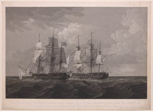Diese Platte zeigt die französische Fregatte La Proserpine mit 40 Kanonen, die ihre Farben vor der Fregatte Seiner Majestät Dryad mit 36 Kanonen vor Cape Clear am 13. Juni 1796 streicht... gewidmet Kapitän... Lord Amelius Beauclerk...