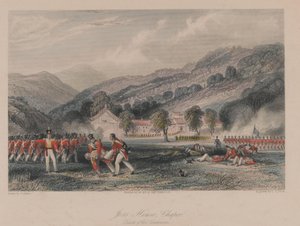 ?Joss-Haus, Chapoo, Tod von Colonel Tomlinson?, 1842 von Thomas Allom