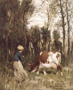 Mädchen treibt eine Kuh von Thomas Austen Brown