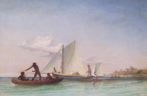 Das Langboot des Boten, angegriffen von Eingeborenen