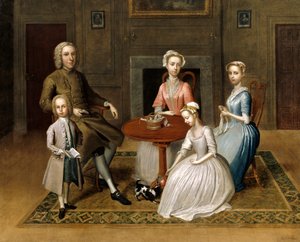 Gruppenporträt, möglicherweise der Familie Brewster, in einem häuslichen Interieur