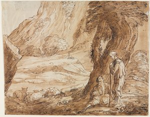 Landschaft mit Schafen und zwei Hirten