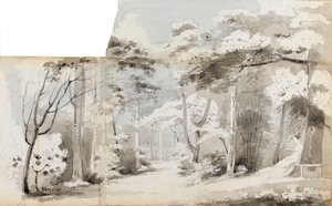Eine junge Frau, vielleicht Charlotte Nelson, sitzt in einem Laubengang in einer bewaldeten Landschaft von Thomas Baxter