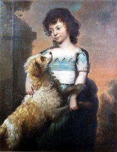 Porträt eines Mädchens in einem blauen Kleid mit einem Hund