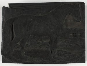 Holzschnitt für Das schwarze Pferd, aus einer Allgemeinen Geschichte der Vierfüßer von Thomas Bewick