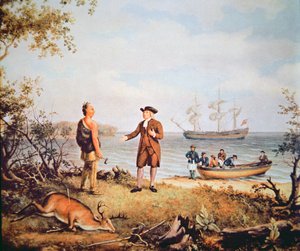 William Penn kommt 1682 zum ersten Mal in Amerika an und trifft einen Ureinwohner