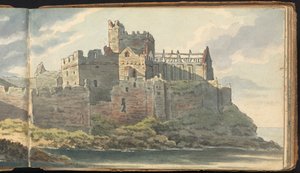 Album mit Landschafts- und Figurenstudien: Ruinen einer Burg an einer felsigen Küste von Thomas Bradshaw