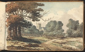 Album mit Landschafts- und Figurenstudien: Ländliche Szene mit Kirche