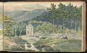 Album mit Landschafts- und Figurenstudien: Zwei Häuser an einer Straße in den Bergen