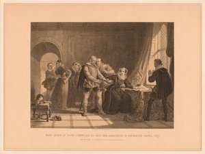 Maria Stuart gezwungen, ihre Abdankung in Schloss Lochleven zu unterschreiben, 1567, 1878