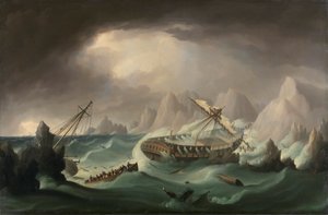 Schiffswrack vor einer felsigen Küste