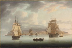 Reede von Funchal, H.M.S. Blenheim mit Greyhound und Harrier auf dem Weg nach draußen von Thomas Butterworth