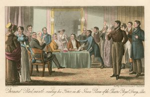 Bernard Blackmantle, liest seine Farce im Green Room des Theatre Royal, Drury Lane, London von Thomas Charles Wageman