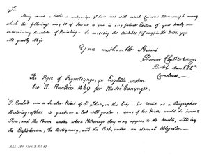Teil eines Briefes von Thomas Chatterton an Horace Walpole, spätes 18. Jahrhundert, 1840