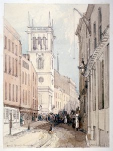 Ansicht der All Hallows Kirche, Gebäude und Figuren in der Bread Street, City of London, 1851 von Thomas Colman Dibdin