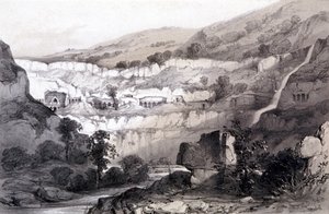 Ansicht der Höhlen, Ajunta, Indien, 1844