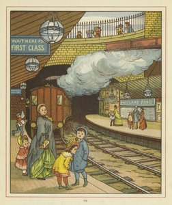 Eine Frau steht mit einer Gruppe von Kindern auf einer Plattform am Bahnhof Portland Road von Thomas Crane
