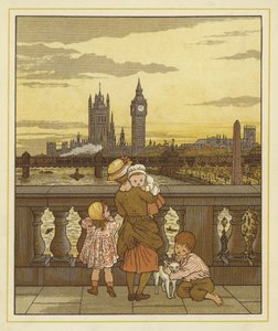 Eine Frau steht mit einem Baby, zwei Kindern und einem Hund von Thomas Crane