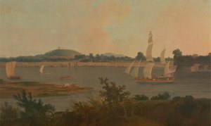 Pinnace segelt den Ganges hinunter am Monghyr Fort vorbei