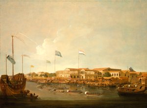 Die Hongs in Kanton von Südosten, mit einer Regatta auf dem Perlfluss von Thomas Daniell