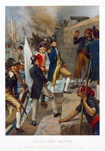 In einem feindlichen Land. Die Landung von Horatio Nelson (1758-1805) in Kopenhagen (Dänemark) nach der Schlacht (1801). Chromolithographie, ca. 1897, von Thomas Davidson (aktiv 1863-1903).