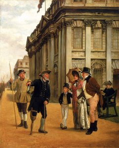 Die Geschichte der Bewohner, vor dem King Charles Court Gebäude im Greenwich Hospital, ein Bewohner mit Holzbein, der die reguläre Uniform trägt, spricht mit einem besuchenden Paar und ihrem Sohn, um sie herum zwei weitere Bewohner