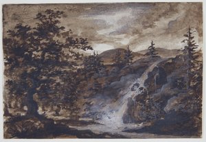 Landschaft mit Felsen, Bäumen und einem Fluss