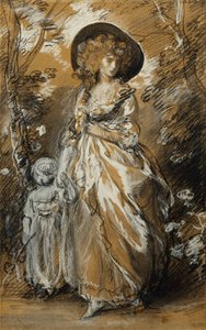 Eine Dame, die in einem Garten spaziert und ihr kleines Kind an der Hand hält; möglicherweise eine Studie für The Richmond Water-Walk von Thomas Gainsborough