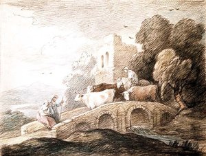 Eine Brücke mit vorbeiziehenden Rindern