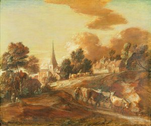 Ein imaginäres bewaldetes Dorf mit Treibern und Vieh