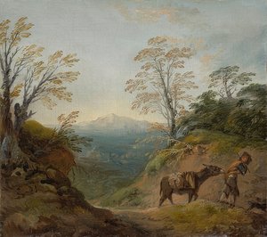 Bewaldete Landschaft mit einem Jungen, der einen Esel und einen Hund führt, und einem ausgedehnten Panorama mit Gebäuden und fernen Hügeln von Thomas Gainsborough