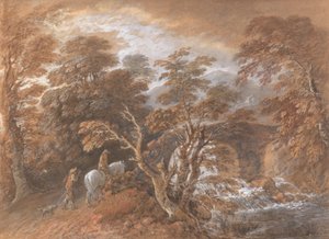 Hügellandschaft mit Figuren, die sich einer Brücke nähern von Thomas Gainsborough