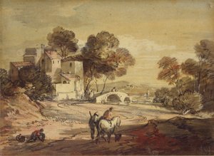 Italienische Landschaft mit Reisenden auf einer kurvenreichen Straße, 1775-1779