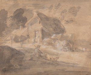 Offene Landschaft mit Figuren, Kühen und Hütte