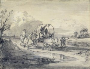Offene Landschaft mit Hirten und bedecktem Wagen, um 1780-85