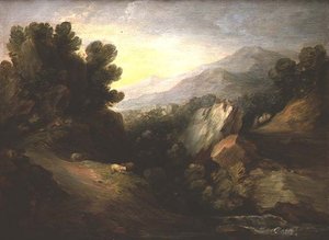 Felsige bewaldete Landschaft mit Schafen an einem Wasserfall von Thomas Gainsborough