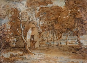 Waldlandschaft, Hütte, Figuren und Boot auf dem See von Thomas Gainsborough