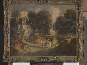 Bewaldete Landschaft mit berittenen Bauern