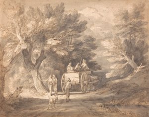 Waldlandschaft mit Landkarren und Figuren auf einem Weg