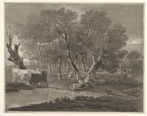 Waldlandschaft mit Kühen an einem Teich, Figuren und Hütte, 1775-80