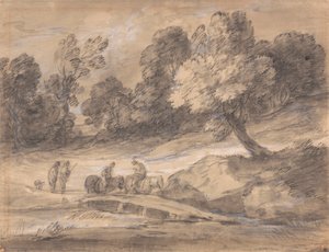 Bewaldete Landschaft mit Figuren zu Pferd, die eine Brücke überqueren von Thomas Gainsborough