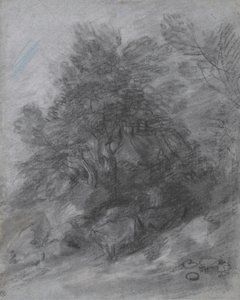 Waldlandschaft mit Hirte, Kühen und Hütte