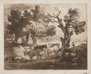 Waldlandschaft mit Hirten und Kühen