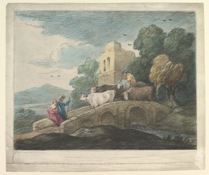 Waldlandschaft mit Hirten, die Vieh über eine Brücke treiben, rustikale Liebhaber und Ruine eines Schlosses