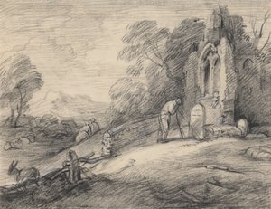 Bewaldete Landschaft mit einem Bauern, der neben einer Kirchenruine eine Inschrift auf einem Grabstein liest, Figuren, Esel, Schafe und ferne Berge von Thomas Gainsborough
