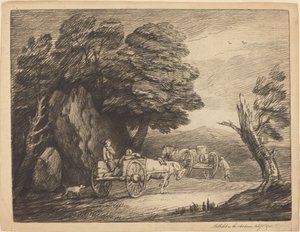 Bewaldete Landschaft mit zwei Landkarren und Figuren
