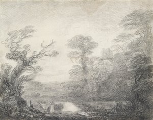Waldlandschaft mit Hirten, Kühen und Kirchturm