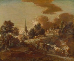 Ein imaginäres bewaldetes Dorf mit Viehtreibern und Rindern