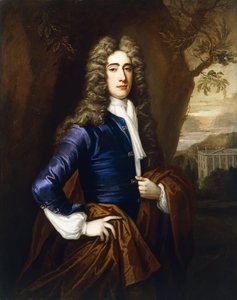 Porträt eines Gentlemans, 37 Jahre alt, Dreiviertellänge, in einem blauen Mantel und einem braunen Umhang, mit einem Haus im Stil von Smith of Warwick im Hintergrund, 1710 von Thomas Gibson